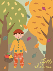 autumn poster with a cute little boy in the autumn forest and a basket of fruit