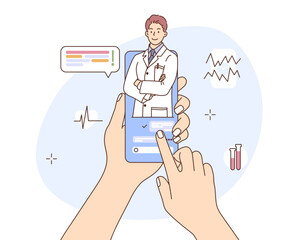 Smartphone screen with male therapist in chat of messenger on online consultation. Ask the doctor. Online medical consultation, telemedicine. Vector illustration in hand drawn cartoon style