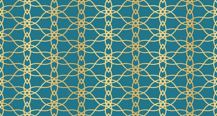 Abstract background with islamic ornament. Golden lined tiled motif. Arabic geometric seamless ornament pattern. Arabic geometric texture. Islamic background. Vector illustration