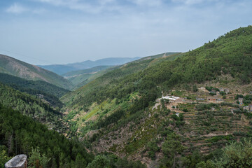 Fototapeta premium Forest pines in mountains and valley, panoramic and aerial image in Piodão, Arganil PORTUGAL