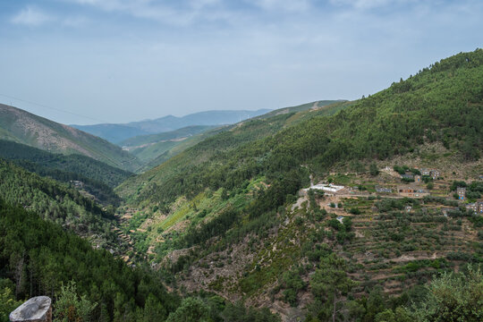 Forest pines in mountains and valley, panoramic and aerial image in Piodão, Arganil PORTUGAL