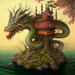 Obraz premium Chinese dragon with house and trees on island. AI generative.