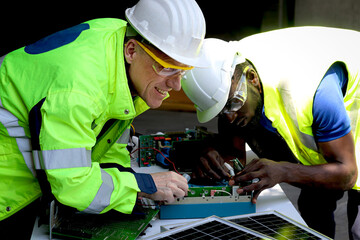 Two electrical engineers working with electronic circuit board and solar cells, mechanicals senior white and African American men working together, Happy diversity harmony people.