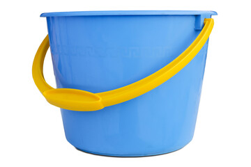 Blue empty bucket with a yellow handle, side view, on a transparent PNG layer.