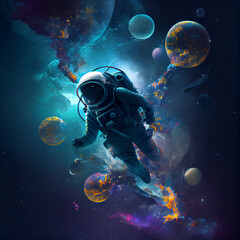 Obraz na płótnie Canvas Abstract astronaut in spacesuit swimming in cosmos underwater with planets. AI generative.