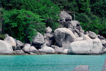 Beautiful rock green mountain with crystal clear waterblue sea, tropical ocean nature summer scenes...