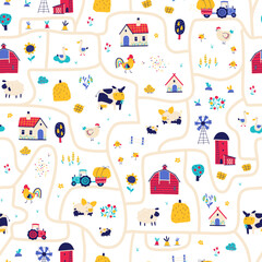 Farm map seamless pattern. Vector hand-drawn road with funny characters of pets, houses and barns with tractor and garden. Trendy doodle style, bright palette for baby prints.