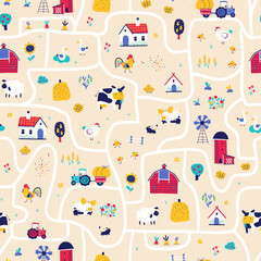 Farm map seamless pattern. Vector hand-drawn road with funny characters of pets, houses and barns with tractor and garden. Trendy doodle style, bright palette for baby prints.