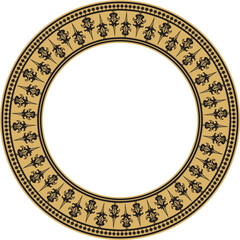 Vector golden and black round byzantine ornament. Circle, border, frame of ancient Greece and Eastern Roman Empire. Decoration of the Russian Orthodox Church..