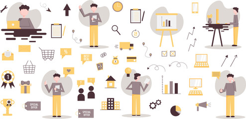 Flat website illustrations, male cartoon character, business icons set, online shop, social media, office work presentations, modern graphics, advertising, financial, legal 