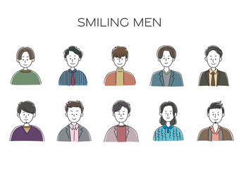 笑顔で正面を向く男性のアバター、シンプルなアイコンセット