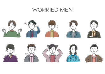 困る、落ち込む、悩む男性のアバター、シンプルなアイコンセット
