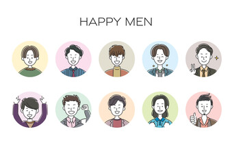 嬉しい、楽しい、喜ぶ男性のアバター、シンプルなアイコンセット