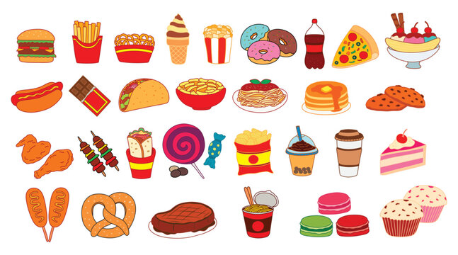 Vector illustration set Of Fast Food Dishes with Drinks and Desserts Collection with burger and pizza, popcorn hot dog and coke drink with donut, cup noodles and steak, French fries and taco clip art