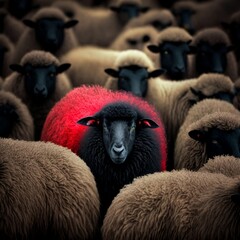 Obraz premium ne pas faire le mouton, mouton rouge, différent des autres au milieu de moutons blancs - illustration IA
