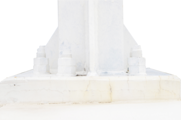 Large screw hexagon flange nut Supporting structures, metal frame of prefabricated building. large metal posts or structure are painted in white of outdoor billboard. Isolated cutout PNG background.