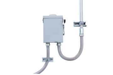 Box breaker small and power button to distribute electricity supply with metal flex pipe. Electrical cable system installation. With screws, nuts, wall mounting safety concept isolated cutout PNG.	