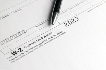 Detail close up of tax return filing form W-2