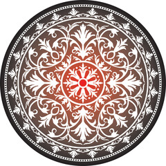 Vector classic colored round ornament. Red pattern in a circle. Drawing of Greece and Ancient Rome. Flower drawing.