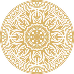 Vector gold round classical ornament of Ancient Greece and Roman Empire. Circle, Arabesque, Byzantine pattern..