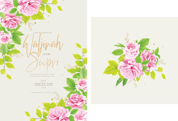 beautiful floral roses and leaves wedding invitation card set