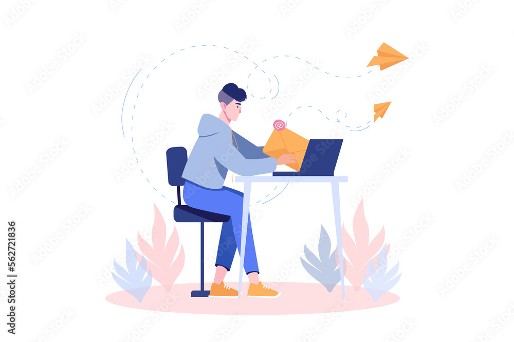 Poster email service concept with people scene in flat cartoon design. man is engaged in sending letters to