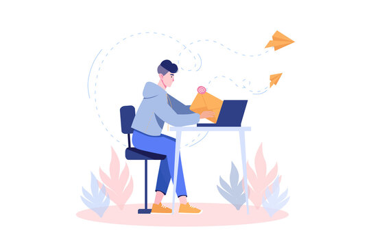 Email service concept with people scene in flat cartoon design. Man is engaged in sending letters to different parts of the world using laptop.