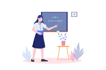School teacher concept with people scene in flat cartoon design. Teacher explains the mathematical formulas written on the blackboard in the classroom.