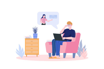 Distance learning concept with people scene in flat cartoon design. Student listens to the teacher's explanation in an online lesson while sitting in a chair at home.
