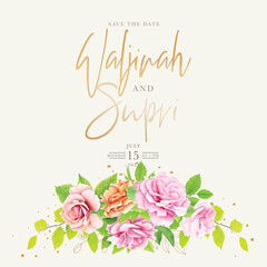 beautiful floral roses and leaves wedding invitation card set