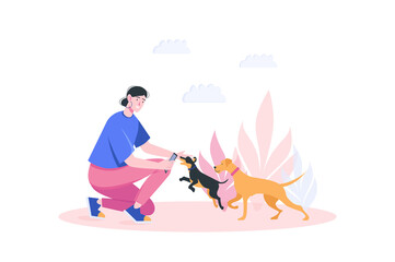 Concept Sit in gadgets with people scene in flat cartoon design. Woman is playing with dogs in the yard and sitting on smartphone at the same time.