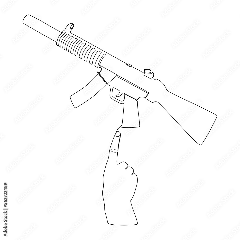 Poster one continuous line of index finger pointng at machine gun. thin line illustration vector concept. c