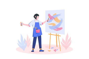 Concept Design studio with people scene in flat cartoon design. Woman works with paints to create a new painting in a design studio.