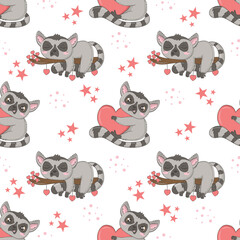 Seamless pattern with cute lemurs for Valentine's Day in cartoon style for kids, children's books and games, print.