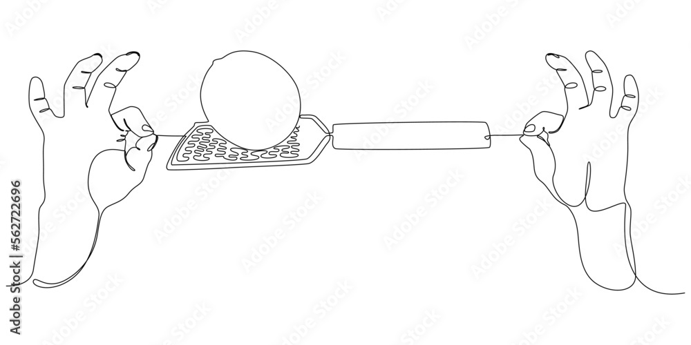 Poster one continuous line of two hand holding a string with lemon and grater. thin line illustration vecto