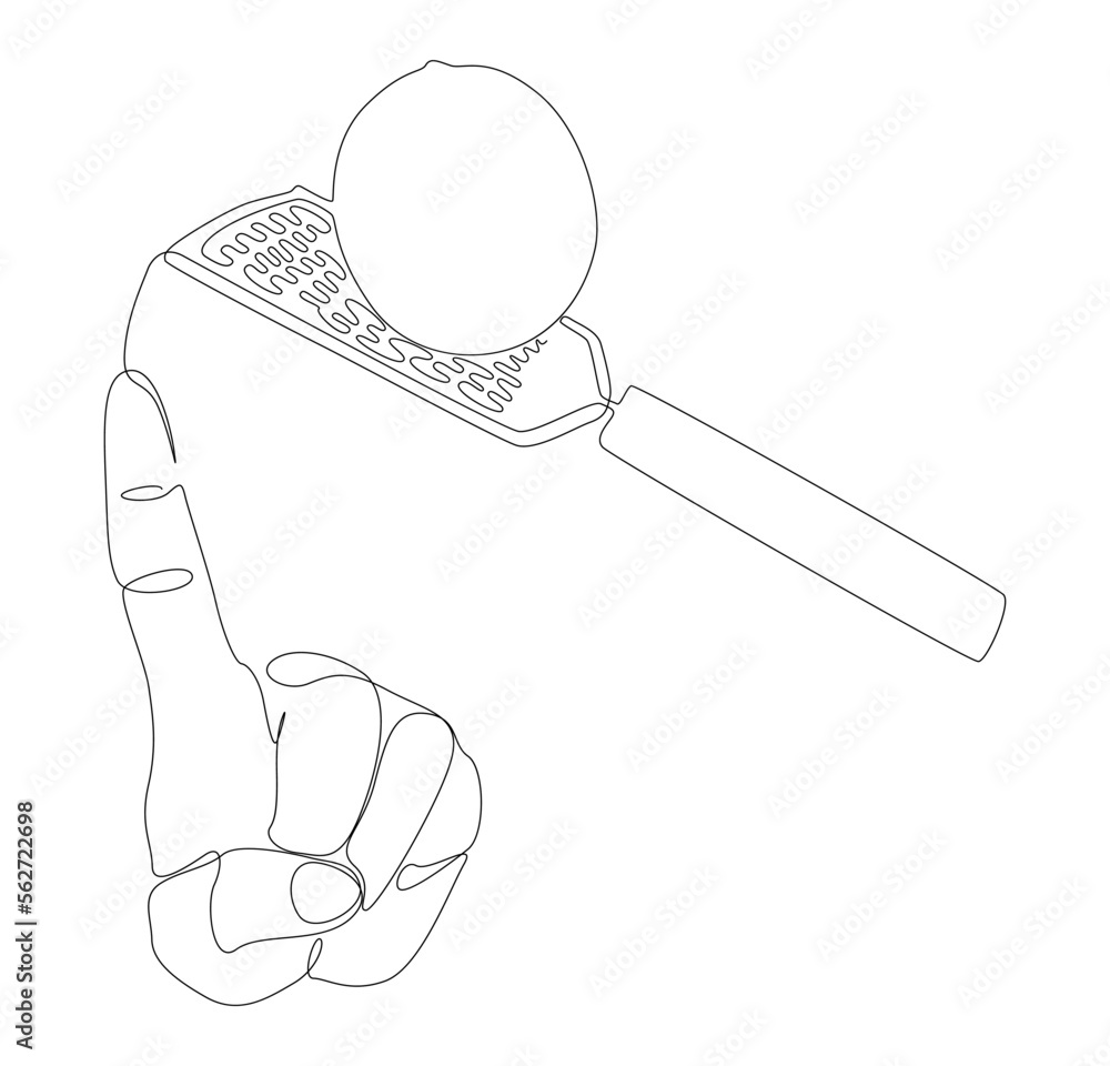 Poster one continuous line of index finger pointng at lemon and grater. thin line illustration vector conce