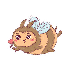 Cartoon cute bee in love flying with a magic wand in the form of a heart for Valentine's Day isolated on a white background vector illustration