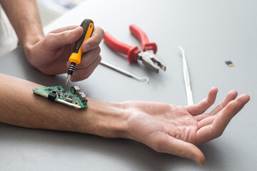 Human robotic hand in futuristic concept