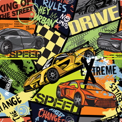 Abstract seamless pattern with sport cars .Bright background with grunge elements for textiles, children's clothes, prints. Pattern for boys © SokolArtStudio