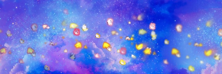 Obraz na płótnie Canvas 神秘的な宇宙空間をふわふわ舞う黄色い蝶々達の幻想的な背景イラスト