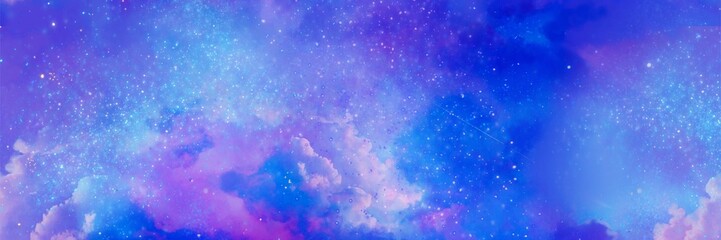 神秘的に輝く紫色の美しい夜空と星が輝くファンタジー背景風景ワイドサイズイラスト