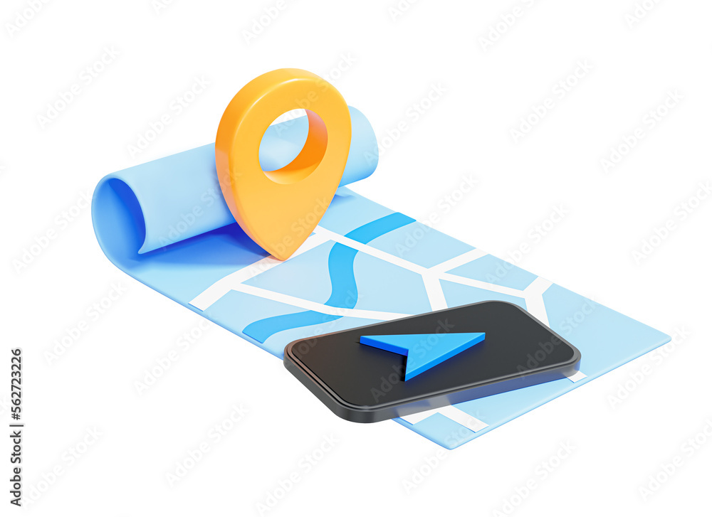 Poster 3d navigation map with mobile phone and location pin. gps on smartphone. position point. tracking ap
