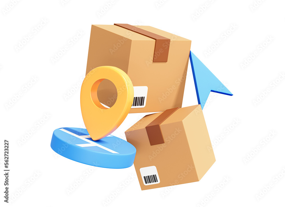 Poster 3d order tracking with cardboard boxes and location pin. express delivery concept. track parcel. fas