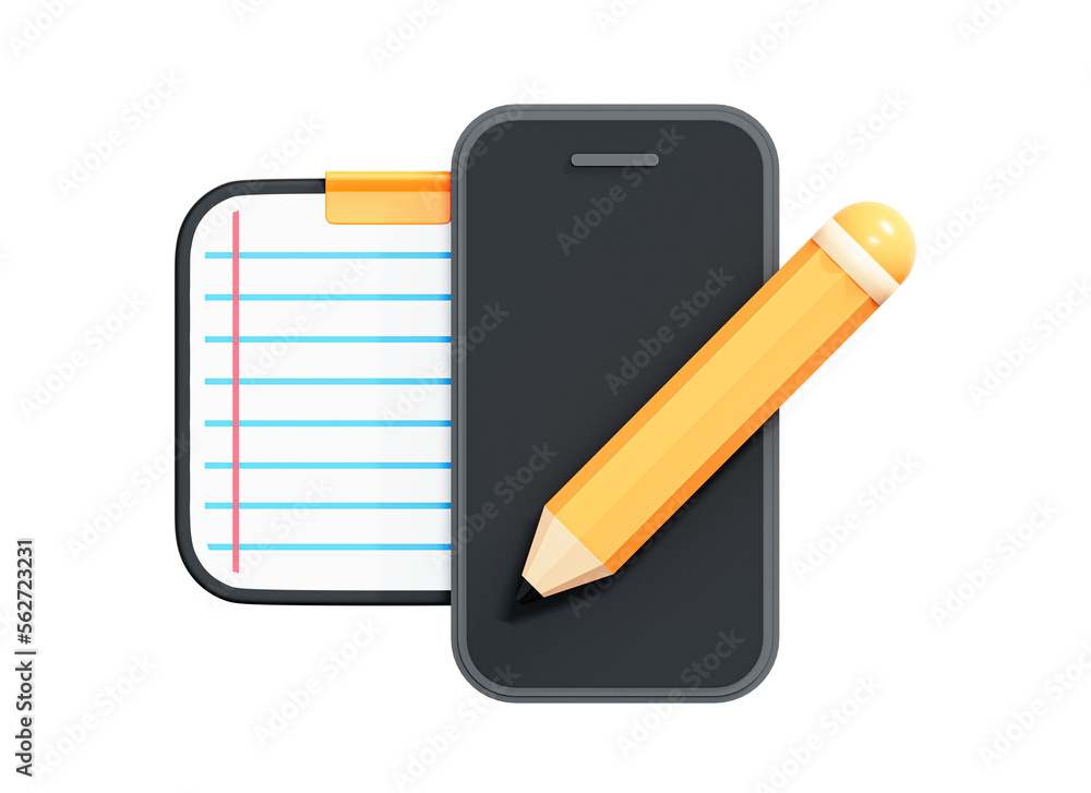 Poster 3d smartphone with notebook and pencil. mobile app for memo and notes. stationery for study and offi