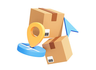 3D Order tracking with cardboard boxes and location pin. Express delivery concept. Track parcel. Fast shipping service. Cartoon creative design icon isolated on white background. 3D Rendering