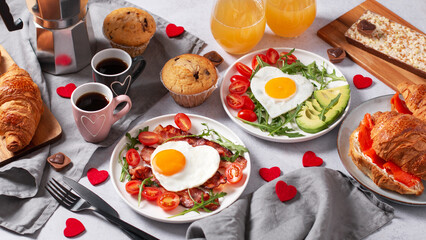 Couple breakfast on Valentines Day on gray background, top view