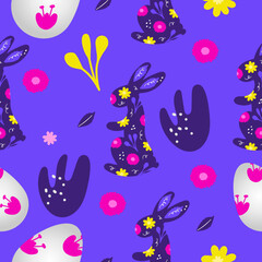 Seamless Easter pattern with bunny, eggs and flowers. Cute hand drawn Easter doodle background.