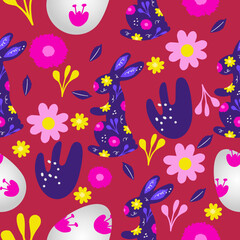 Seamless pattern easter banner with bunny, egg and flowers. Cute hand drawn Easter doodle background.