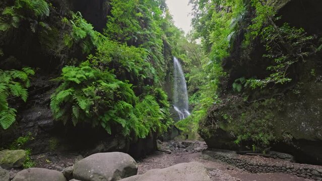 Cascada De Los Tilos - Waterfall surrounded by greenery on the island of La Palma, Canary. Greenery and moisture of mountainous part of the island. Tourist destination