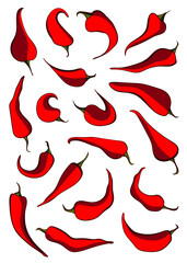 Red chili peppers of different shapes